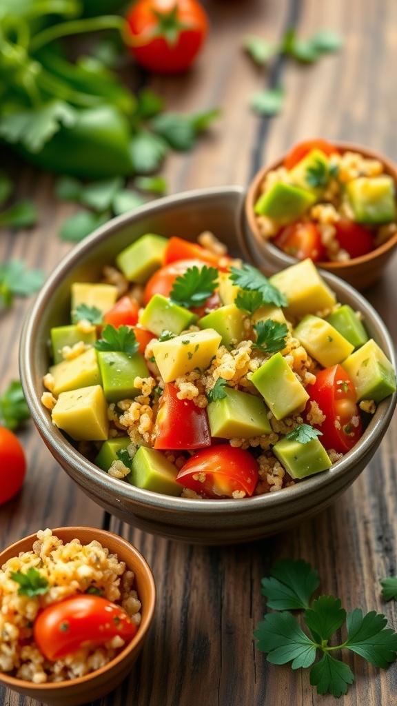 Colorful avocado and quinoa salad with tomatoes and cilantro in appetizer cups on a wooden table.